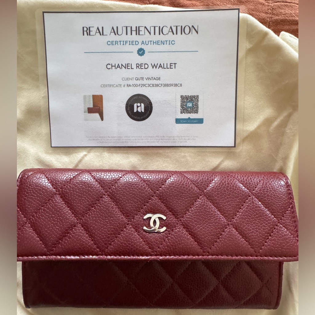 Authentic Chanel Quilted Wallet In Burgundy With Gold Cc Hardware